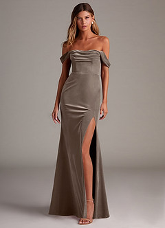 Azazie Saige Vestidos de damas de honor Vestido de Taupe Plateado de terciopelo de Corte Recto Convertible con Vestidos sin tirantes image4