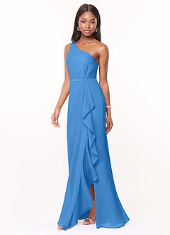 Azazie Liza Vestidos de damas de honor Vestido de Azul Grisaceo de Gasa de Corte Sirena con Hombro unilateral image1