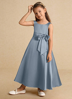 Azazie Lindy Flower Girl Dresses Dusty Blue A-Line Pleated Matte Satin Dress image3