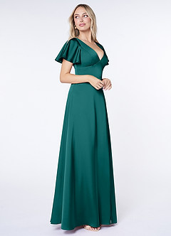 Azazie Lani Robes de demoiselle d'honneur Robe Trapèze en Satin extensible Manche à volants Paon image4