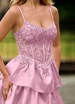 Jasmunya Pink Ruffle Floral Corset Prom Dress with Slit image5