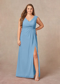 Azazie Sally Mère de la mariée Robes Robe Trapèze en Mousseline de soie Col V plissé Acier Bleuté image6
