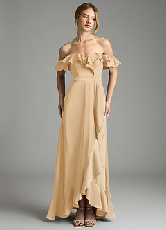 Azazie Lyra Bridesmaid Dresses Gold A-Line Off the Shoulder Stretch Satin Convertible Dress image1