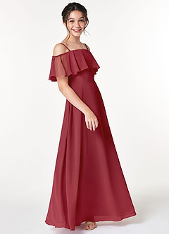 Azazie Maggie Junior Pomegranate A-Line Off the Shoulder Chiffon Dress image4