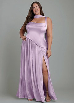 Azazie Stephanie Vestidos de damas de honor Vestido Lila Esmerilada de Satén Elástico de Línea A con Plisado image15