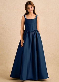 Azazie Enid Girls Formal Robe Demoiselle D'honneur Fillette Robe Trapèze en Satin extensible Perlé Bleu Marine Foncé image5