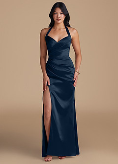 Azazie Emeria Bridesmaid Dresses Dark Navy Sheath Side Slit Metallic Satin Dress image1