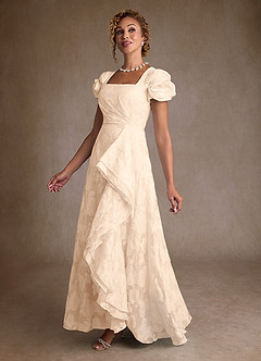 Azazie Hermina Mother of the Bride Dresses Cream Jacquard A-Line Pleated Floral Jacquard Dress image4