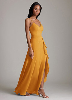 Azazie Naeem Bridesmaid Dresses Butterscotch A-Line V-Neck Ruffle Chiffon Dress image4