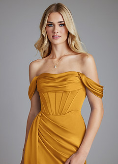 Azazie Amyra Bridesmaid Dresses Butterscotch Mermaid Off the Shoulder Stretch Satin Convertible Dress image4