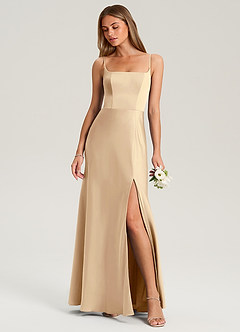 Azazie Lidia Bridesmaid Dresses Champagne Mermaid Side Slit Stretch Satin Dress image1