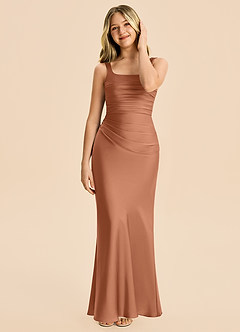 Azazie Agustina Junior Bronzer Sheath Pleated Stretch Satin Dress image3