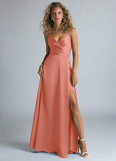 Azazie Davis Bridesmaid Dresses Salmon Pink A-Line Pleated Stretch Satin Dress image2