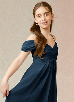 Azazie Kaitlynn Junior Dark Navy A-Line Off the Shoulder Chiffon Dress image6