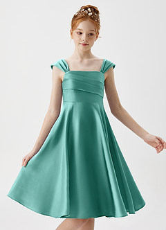 Azazie Amira Junior Aqua A-Line Pleated Stretch Satin Dress image3