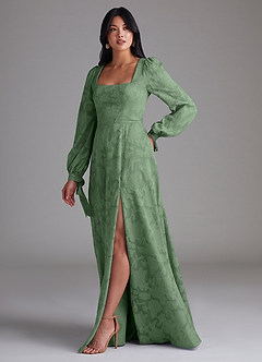 Azazie Leonia Bridesmaid Dresses Eucalyptus A-Line Long Sleeve Floral Burnout Dress image2