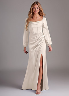 Azazie Charissa Brautjungfernkleider Etui Langarm Stretch-Satin Kleid Alabaster Weiß image1