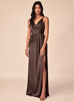 Azazie Aqua Jurken voor bruidsmeisjes Jurk van Stretch Satijn met A-Lijn V-hals geplooid Ganache image1