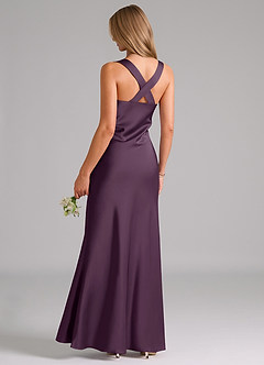 Azazie Kamila Bridesmaid Dresses Plum A-Line Pleated Stretch Satin Dress image2