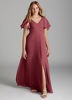 Azazie Kimber Junior Abito A-Line in Chiffon Plissettato Merlot image1