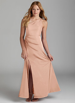 Azazie Maron Junior Rose Gold A-Line Pleated Stretch Satin Dress image1