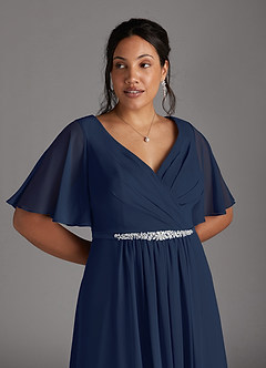 Azazie Tricia Mother of the Bride Dresses Dark Navy A-Line V-Neck Pleated Chiffon Dress image2