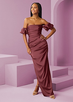 Barbie ♥ Azazie Bridesmaid Dresses Merlot Sheath Off the Shoulder Stretch Satin Convertible Dress image3