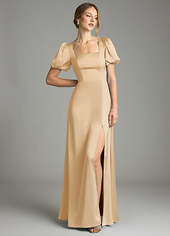 Azazie Fyona Bridesmaid Dresses Gold A-Line Pleated Stretch Satin Dress image9
