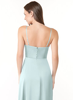 Azazie Halsey Final Sale Sea Glass A-Line Side Slit Stretch Satin Dress image3