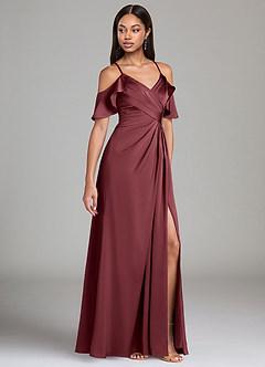 Azazie Dakota Jurken voor bruidsmeisjes Jurk van Stretch Satijn met A-Lijn Off the Shoulder Merlot image1