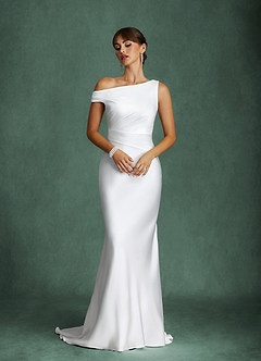 Azazie Ciara Wedding Dresses Diamond White Mermaid Off the Shoulder Stretch Satin Dress image4
