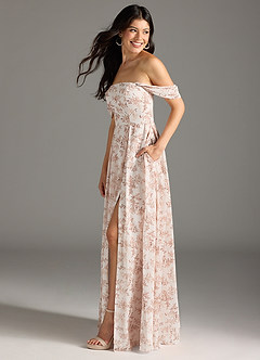 Azazie Chrysanta Final Sale Pink Fern Floral A-Line Off the Shoulder Chiffon Convertible Dress image6