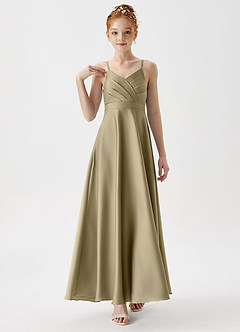 Azazie Avelina Junior Moss Green A-Line Pleated Stretch Satin Dress image4