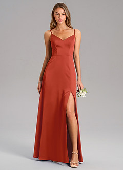 Azazie Talina Robes de demoiselle d'honneur Robe Trapèze en Satin extensible Rouille image1