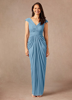 Azazie Lisolette Mother of the Bride Dresses Steel Blue Sheath Pleated Mesh Dress image1