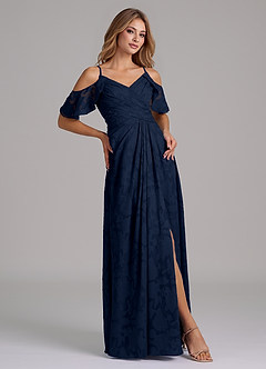 Azazie Dakota Abiti da Damigella Abito A-Line in Burnout Floreale a Spalla Scoperta Marino Scuro image5