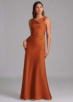 Azazie Nerine Bridesmaid Dresses Cinnamon A-Line Pleated Stretch Satin Dress image3