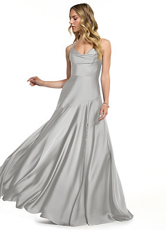 Azazie Kayla Bridesmaid Dresses Silver Sheath Side Slit Stretch Satin Dress image3