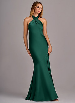 Azazie Lorena Bridesmaid Dresses Emerald Mermaid Pleated Stretch Satin Dress image3