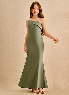 Azazie Almond Girls Formal Abiti da Ragazza di Fiori Abito Tubino in Raso Elasticizzato Monospalla Pistacchio image6