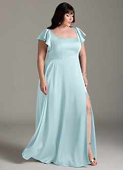 Azazie Bondi Bridesmaid Dresses Cloud Blue A-Line Bow Stretch Satin Dress image10