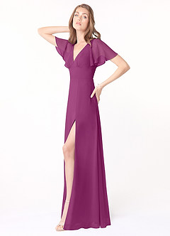 Azazie Kimber Bridesmaid Dresses Orchid A-Line Flounce Sleeve Chiffon Dress image4