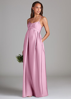 Azazie Llana Maternity Bridesmaid Dresses A-Line Stretch Satin Floor-Length Dress with Pockets image1