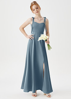 Azazie Rosey Junior Robe Trapèze en Satin extensible Encolure en Forme de Cœur Bleu Poussiéreux image3