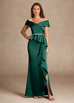 Azazie Dareia Mother of the Bride Dresses Emerald Mermaid Off the Shoulder Stretch Satin Dress image1