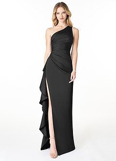Azazie Latrice Robes de demoiselle d'honneur Robe Fourreau en Satin extensible Volants en cascade à une épaule Noir image1