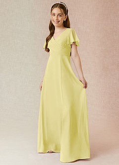 Azazie Induh Junior Lemon Sorbet A-Line Ruched Chiffon Dress image3
