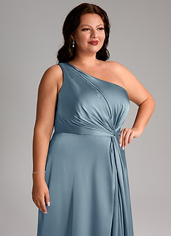 Azazie Brooke Vestidos de damas de honor Vestido de Azul Polvoriento de Satén Elástico de Corte en A con Hombro unilateral image13