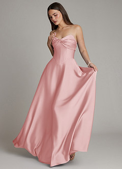 Azazie Meleena At-home Try On Dresses Dark Green A-Line Strapless Stretch Satin Dress image5