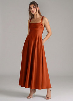 Azazie Shaude Robes de demoiselle d'honneur Robe Trapèze en Satin extensible Plissée Paprika image5